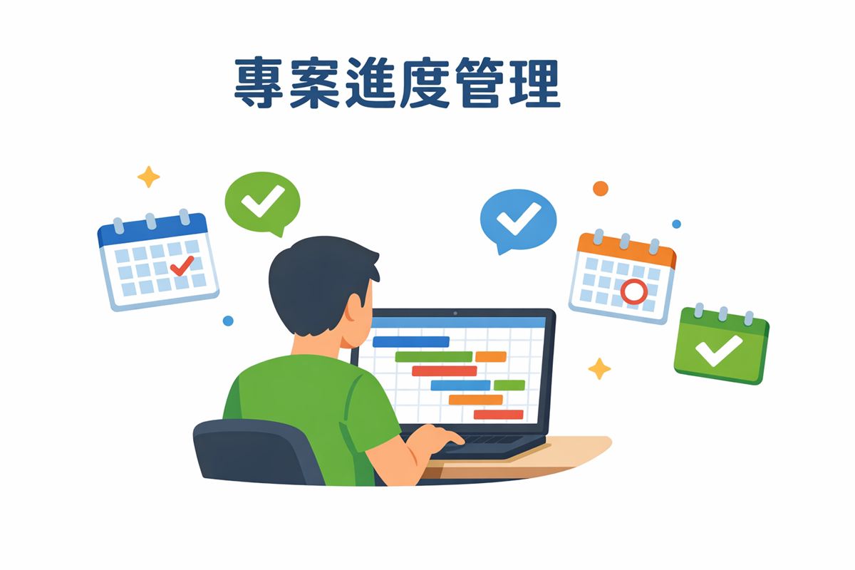 人物用筆電看甘特圖儀表板,顯示專案時程與任務進度條