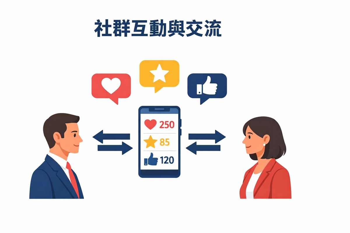 互動行銷雙向溝通示意圖：兩個職業人物中間有互動箭頭、對話泡泡與手機畫面