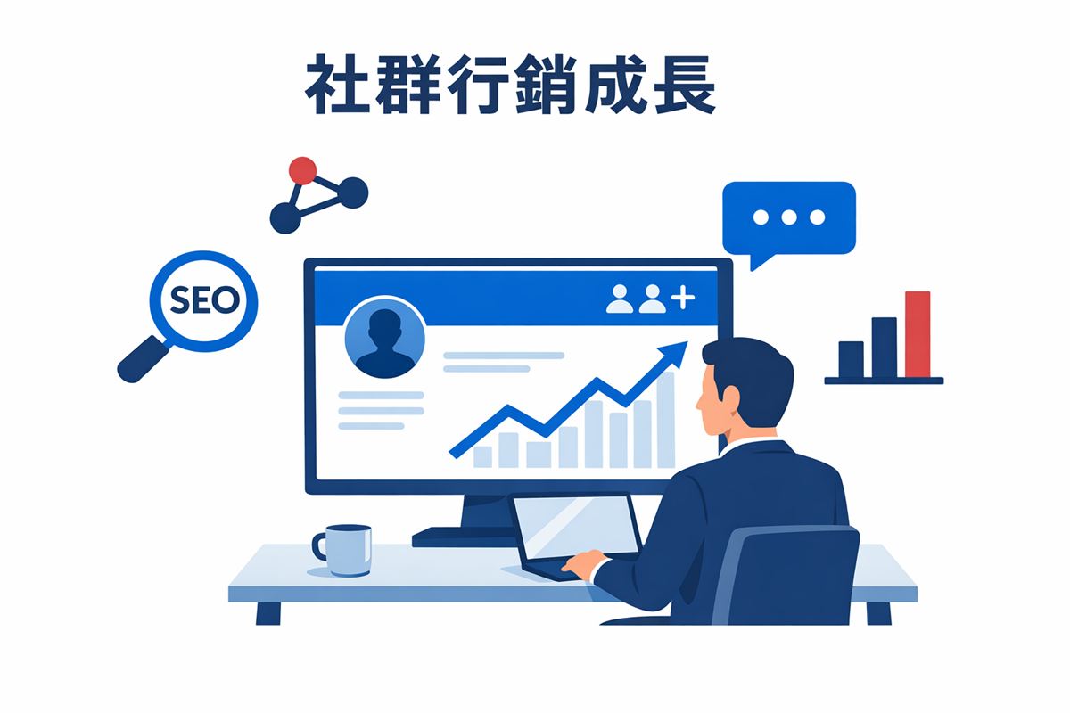 成年商務人士正在電腦前優化 LinkedIn 個人檔案，旁邊漂浮著藍色 LinkedIn 風格的搜尋、連結與分析圖示