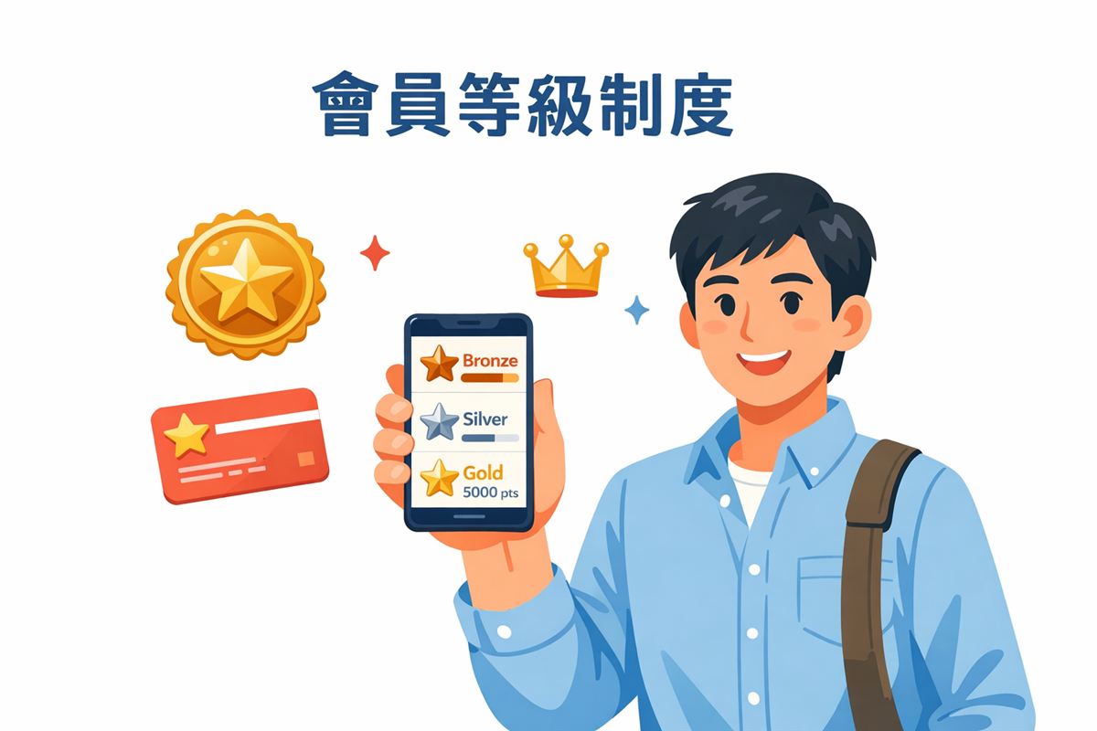 會員行銷情境圖:成年職業人士手持手機顯示會員等級畫面,周圍有積分星星與等級徽章圖示