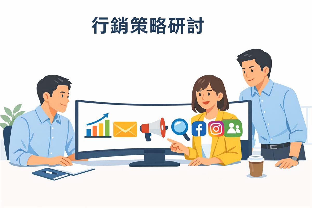 行銷團隊圍著大螢幕,螢幕顯示廣告、數據、CRM、SEO 等多種行銷工具圖示
