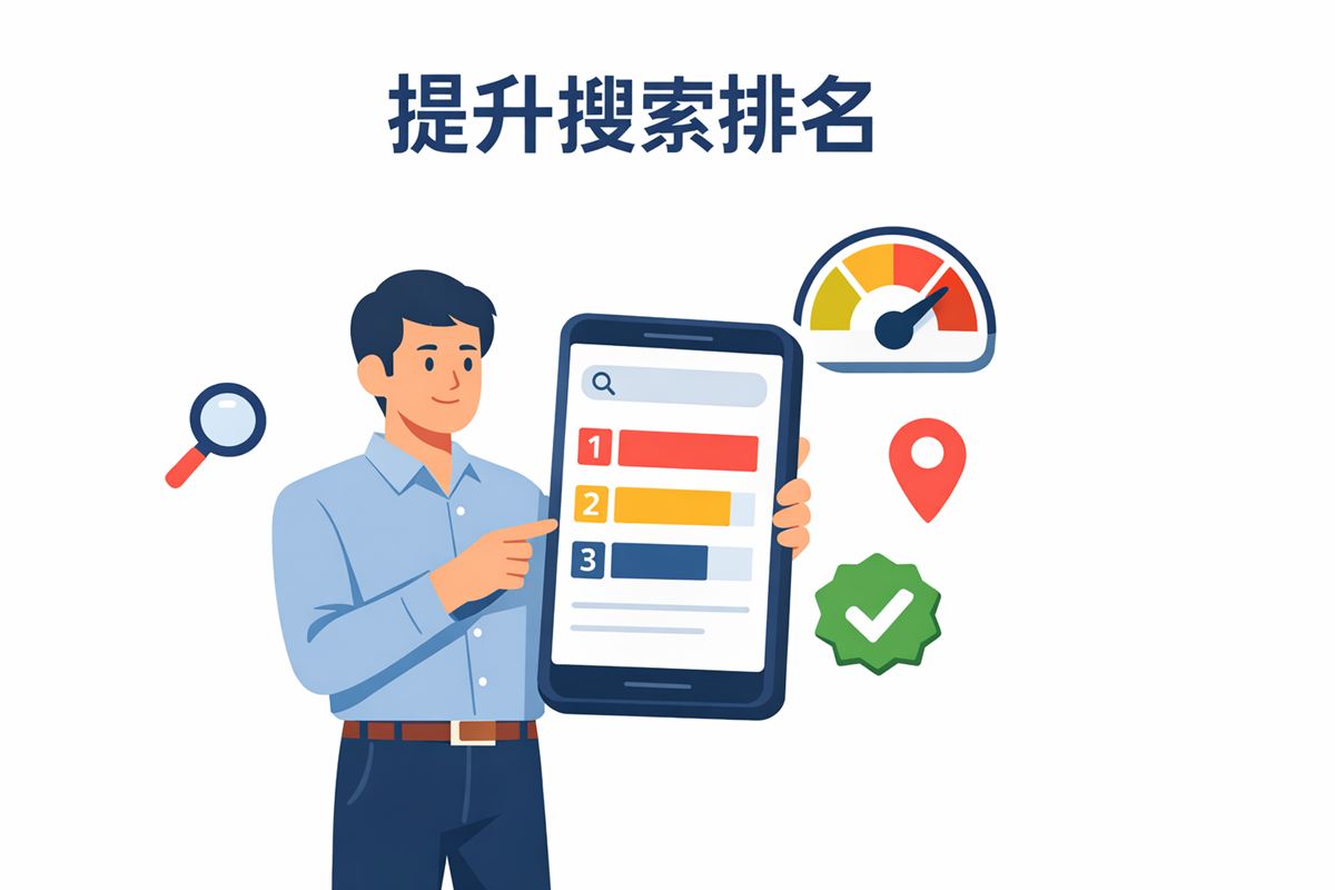 成年職業人士手持手機查看搜尋排名，旁邊顯示速度儀表板，展示 Mobile SEO 優化成效