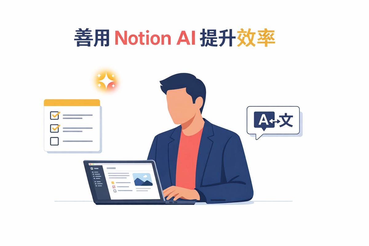 成年職業人物在筆電前使用 Notion AI，旁邊有 AI 火花圖示