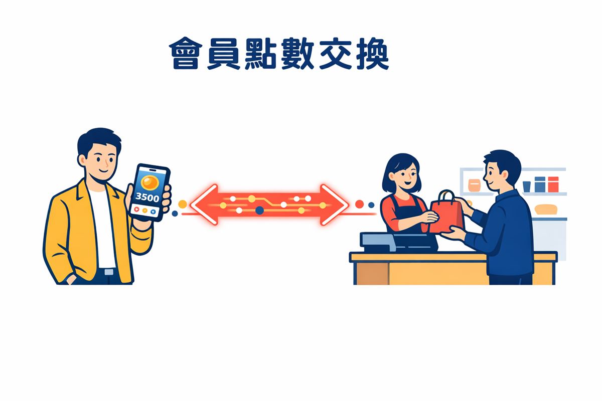 OMO 虛實融合示意圖:成年職業人物透過手機與實體店面雙向連結,中間有數據融合箭頭