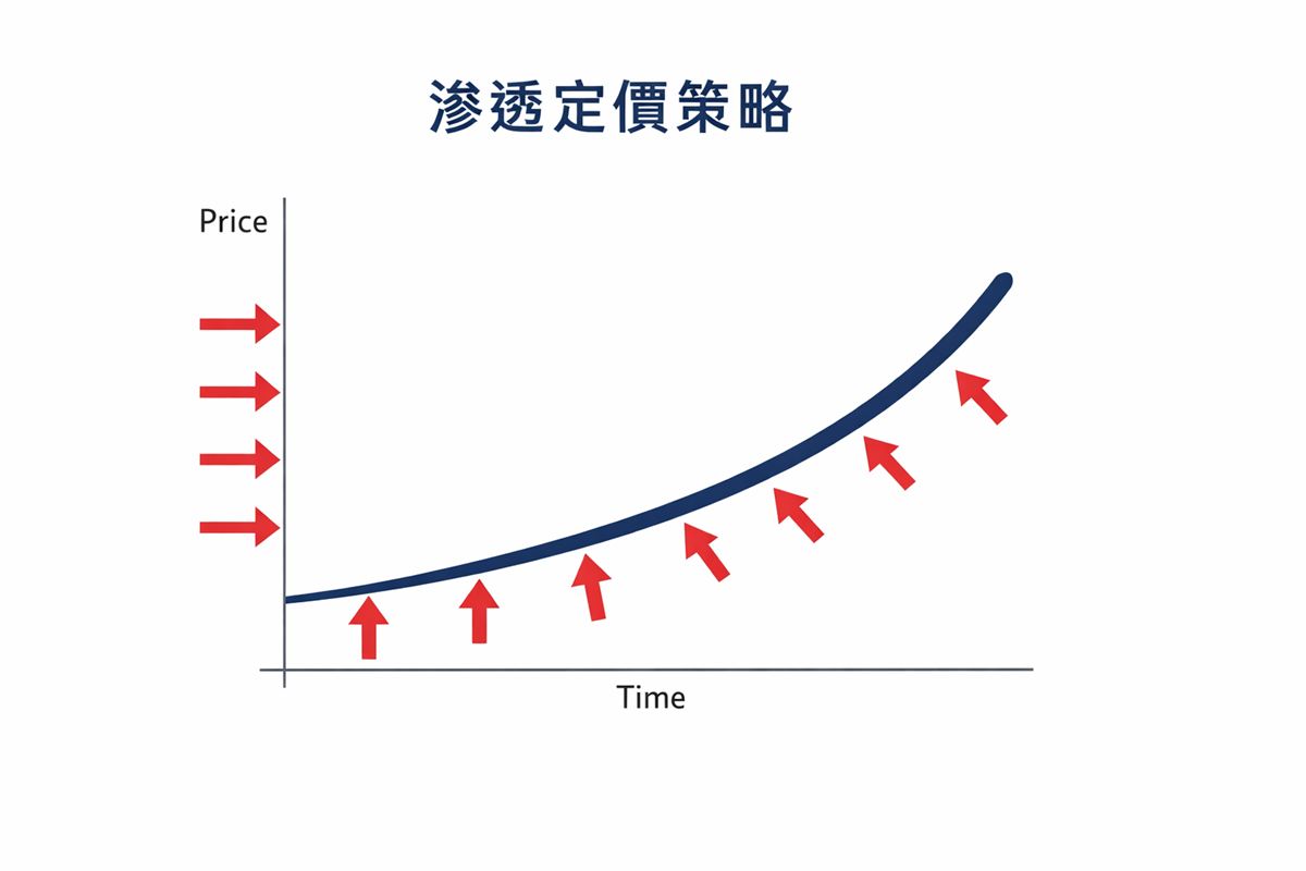 滲透定價法示意圖:一條從低點向上攀升的價格曲線,搭配顧客流入箭頭,呈現先低價滲透後調漲的策略路徑
