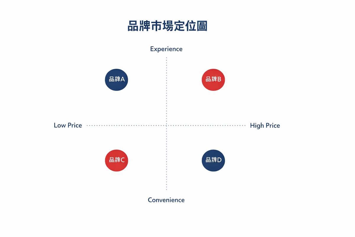 知覺圖品牌定位示意圖，XY 軸座標圖標示各品牌位置