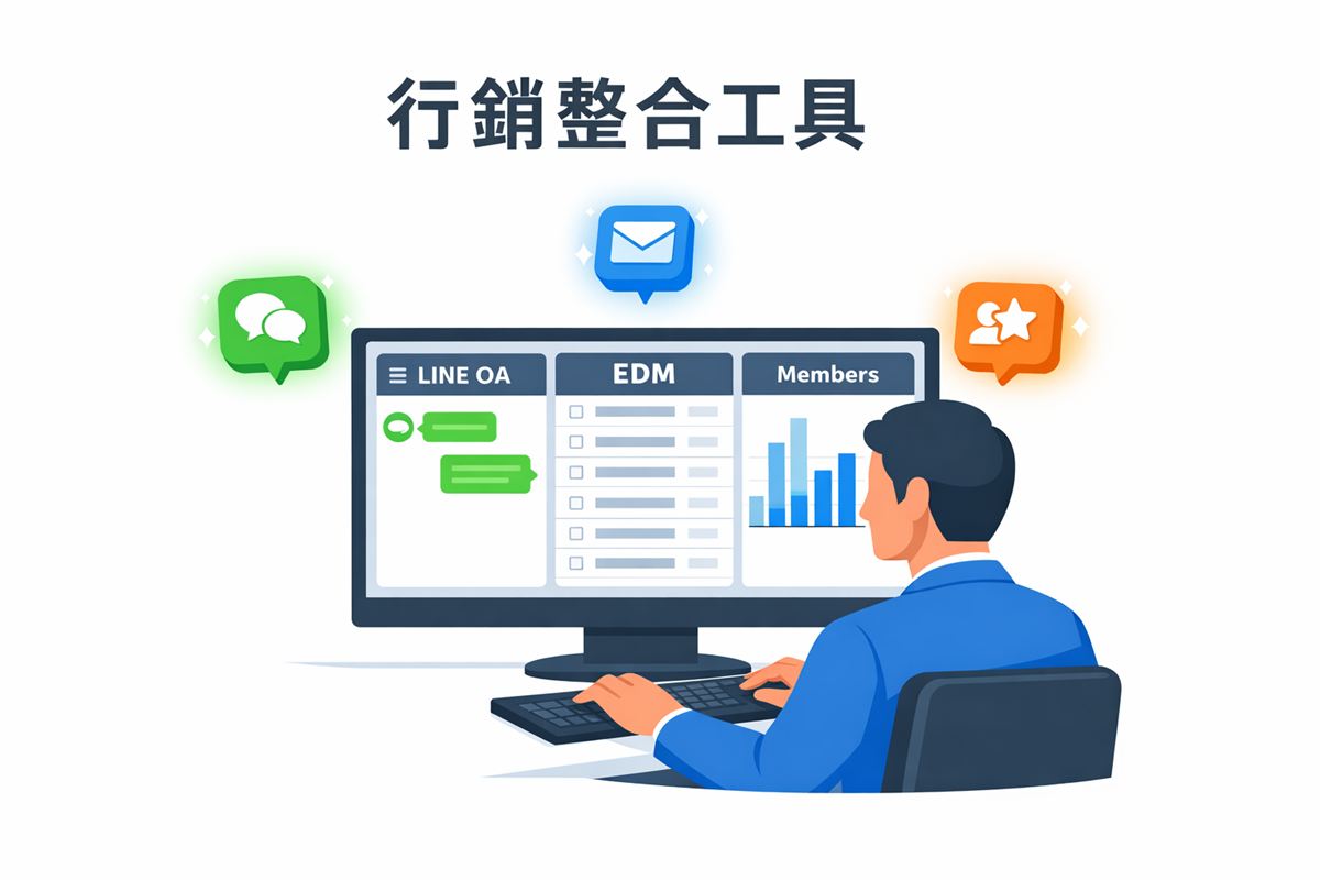 成年品牌經營者在電腦前同時管理 LINE OA、EDM 電子報與會員系統儀表板的示意圖