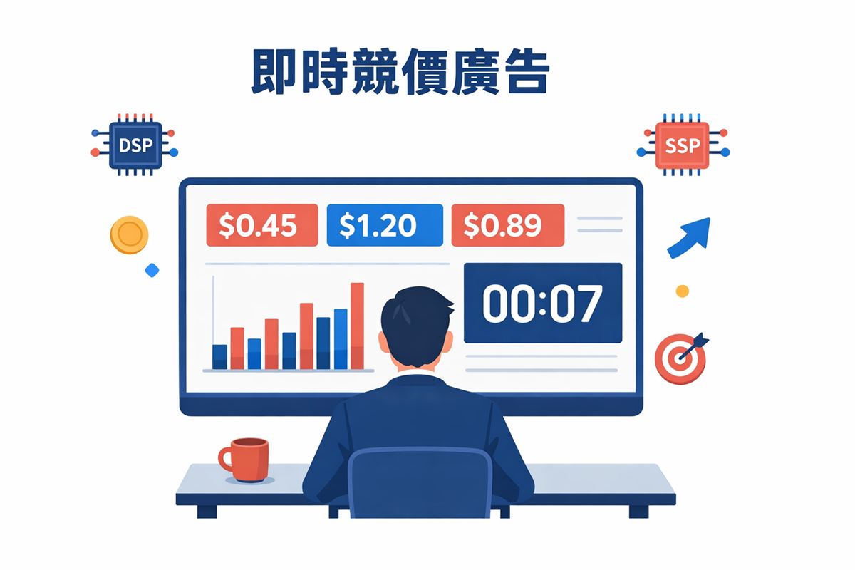 廣告主坐在儀表板前監控 RTB 即時競價數字與廣告投放狀況示意圖