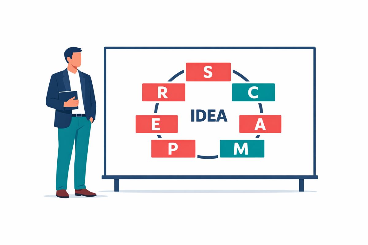 成年職業人物站在白板前進行 SCAMPER 創意發想，白板上有 7 個方塊代表 SCAMPER 七元素