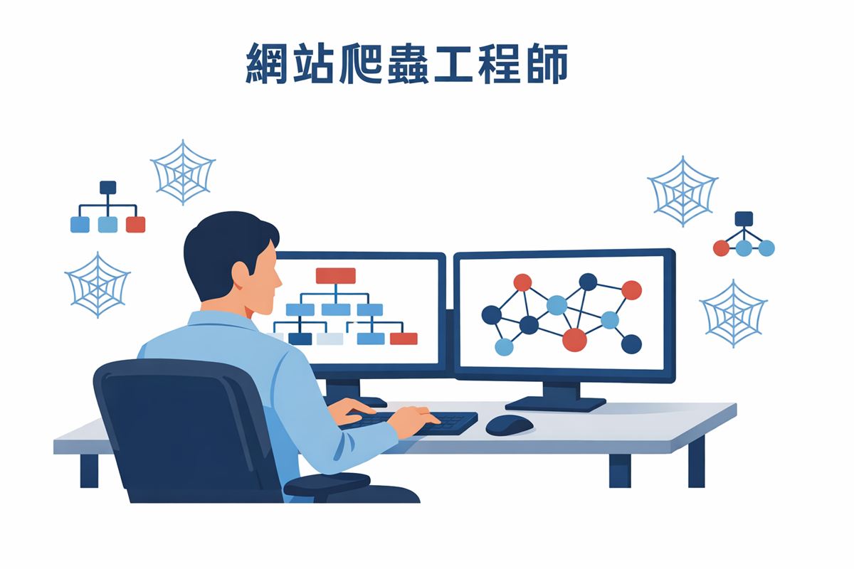 成年工程師在電腦前看網站結構分析，旁邊有蛛網與樹狀圖示