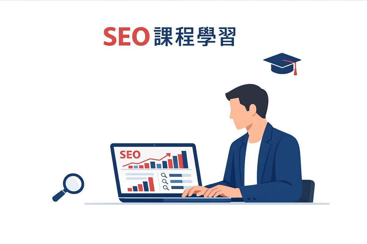 一位成年職業學習者坐在筆電前，螢幕顯示 SEO 課程內容與排名數據