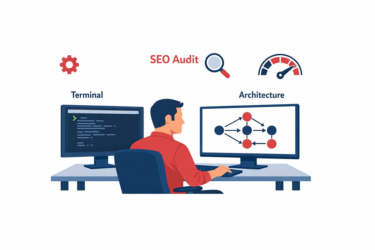 SEO 工程師坐在電腦前查看終端機與網站架構圖的工作場景