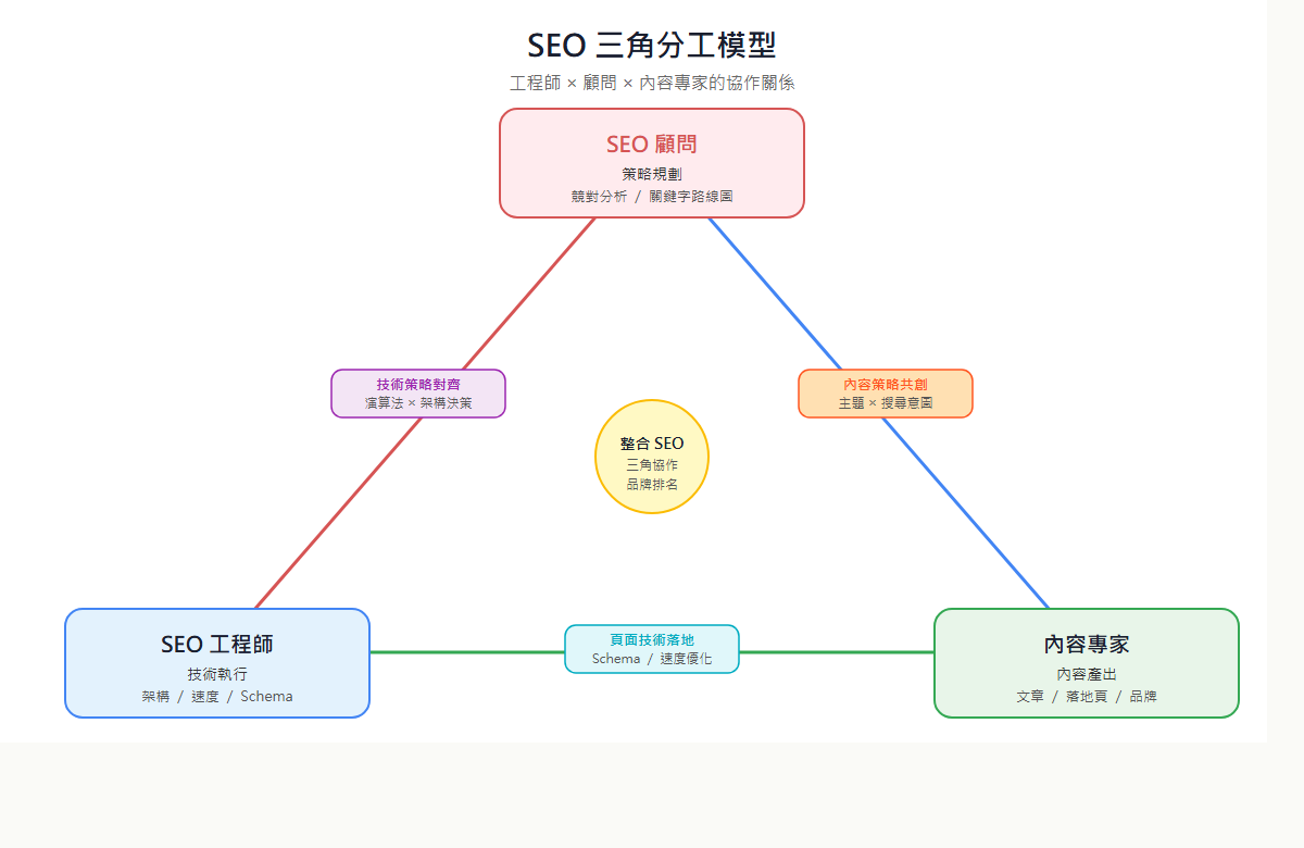 SEO 工程師、SEO 顧問、內容專家三角分工關係圖，三邊標示共同工作交集