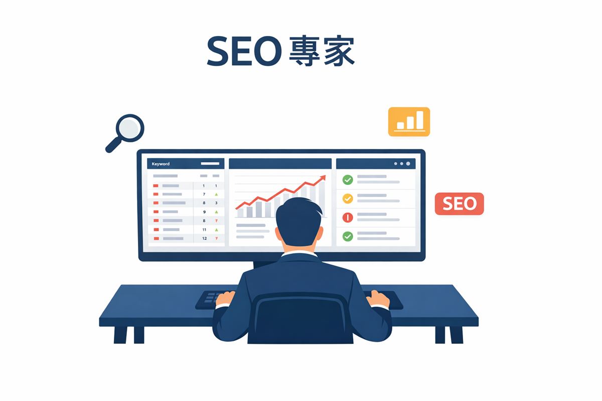 SEO 專家坐在電腦前同時操作多個 SEO 分析工具儀表板的情境示意圖