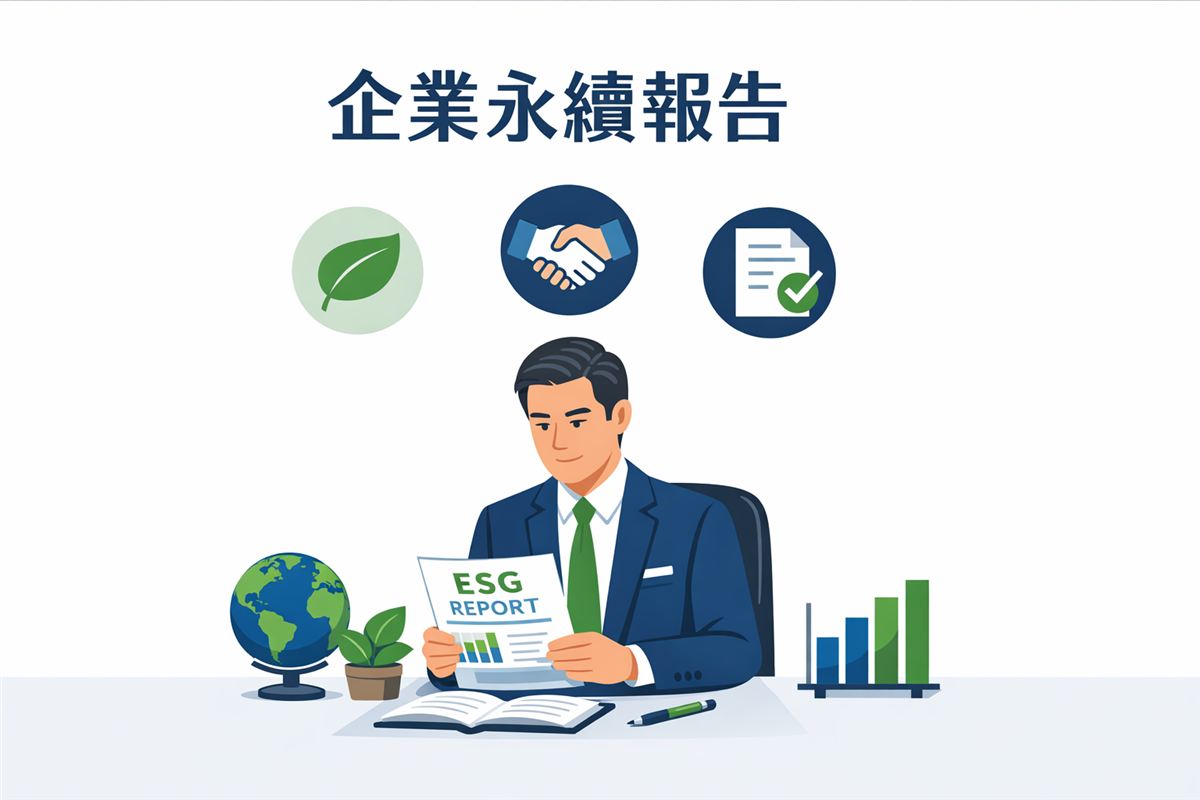 成年品牌經理在會議桌前審閱 ESG 報告,旁邊有綠葉、地球與 CSR 圖示