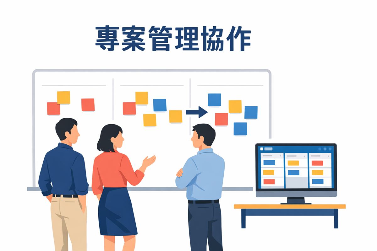Trello Kanban 看板工作流示意圖，顯示團隊在白板前移動便利貼與電腦螢幕呈現 Trello 介面
