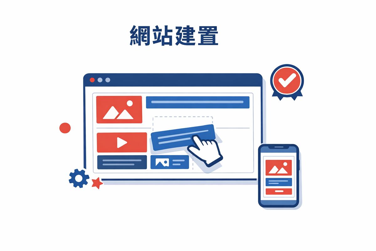 Wix 拖曳式網站架設概念示意圖，顯示瀏覽器視窗與模組拖曳操作