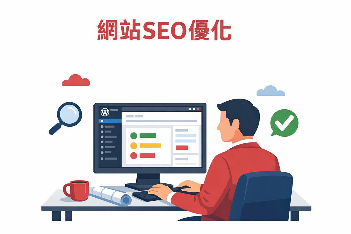 工程師在 WordPress 後台操作 Yoast SEO 紅黃綠燈分析介面情境圖