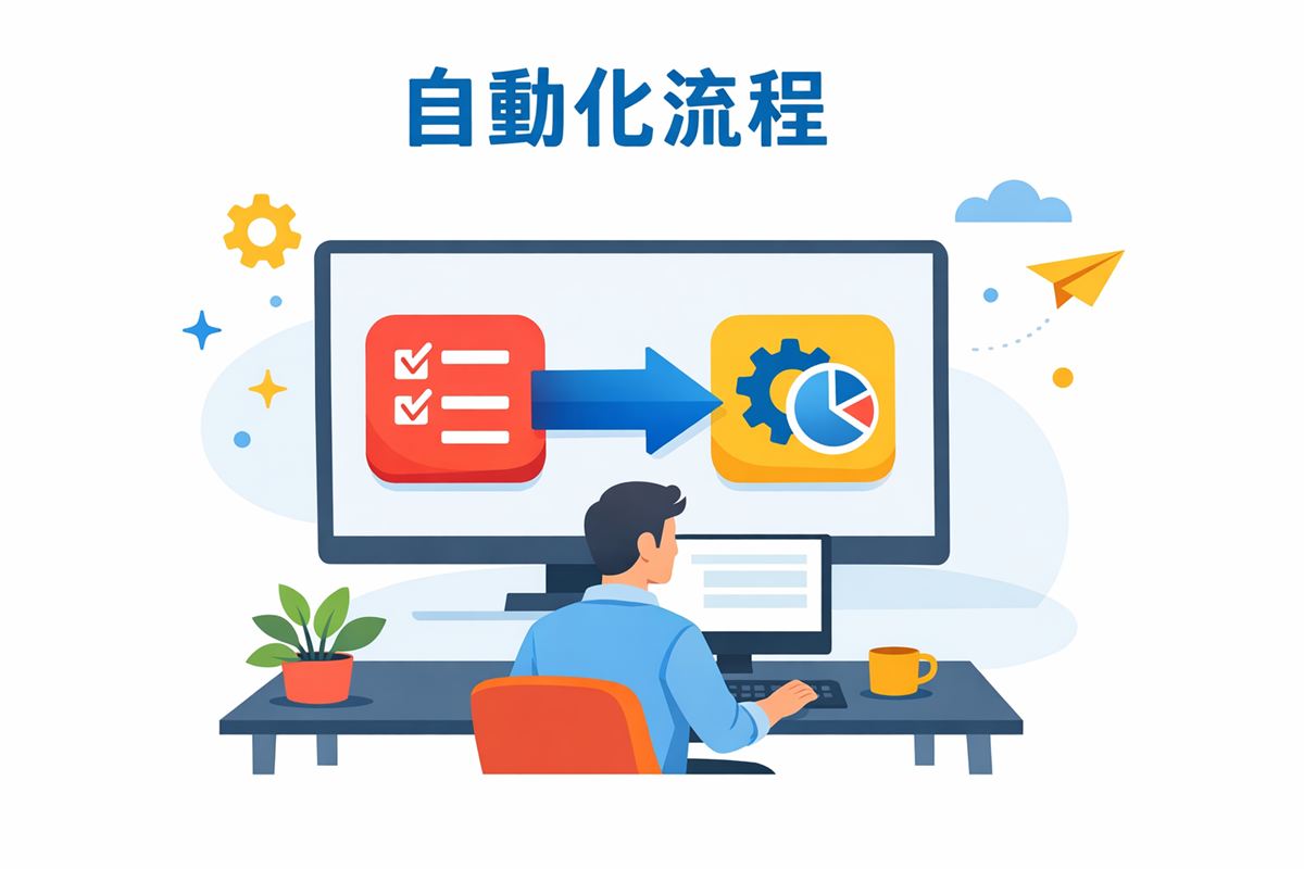 一個人坐在電腦前，螢幕顯示兩個 App 之間有箭頭連接，代表 Zapier 自動化流程